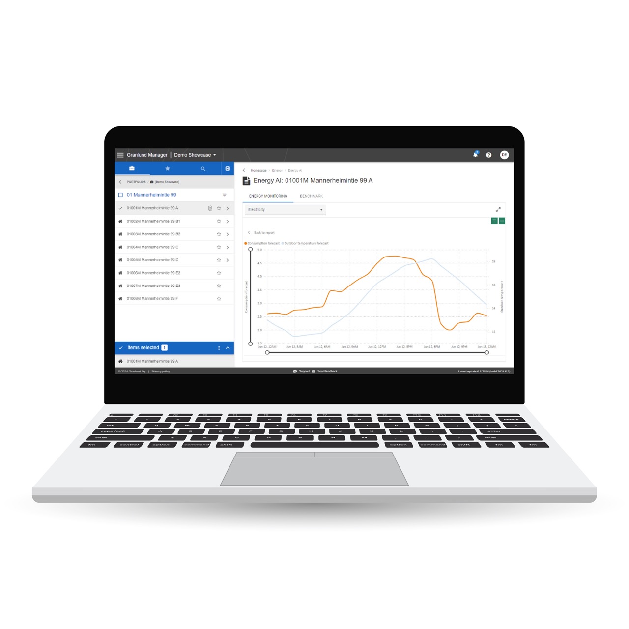 AI-powered energy consumption data from a building on a laptop screen.