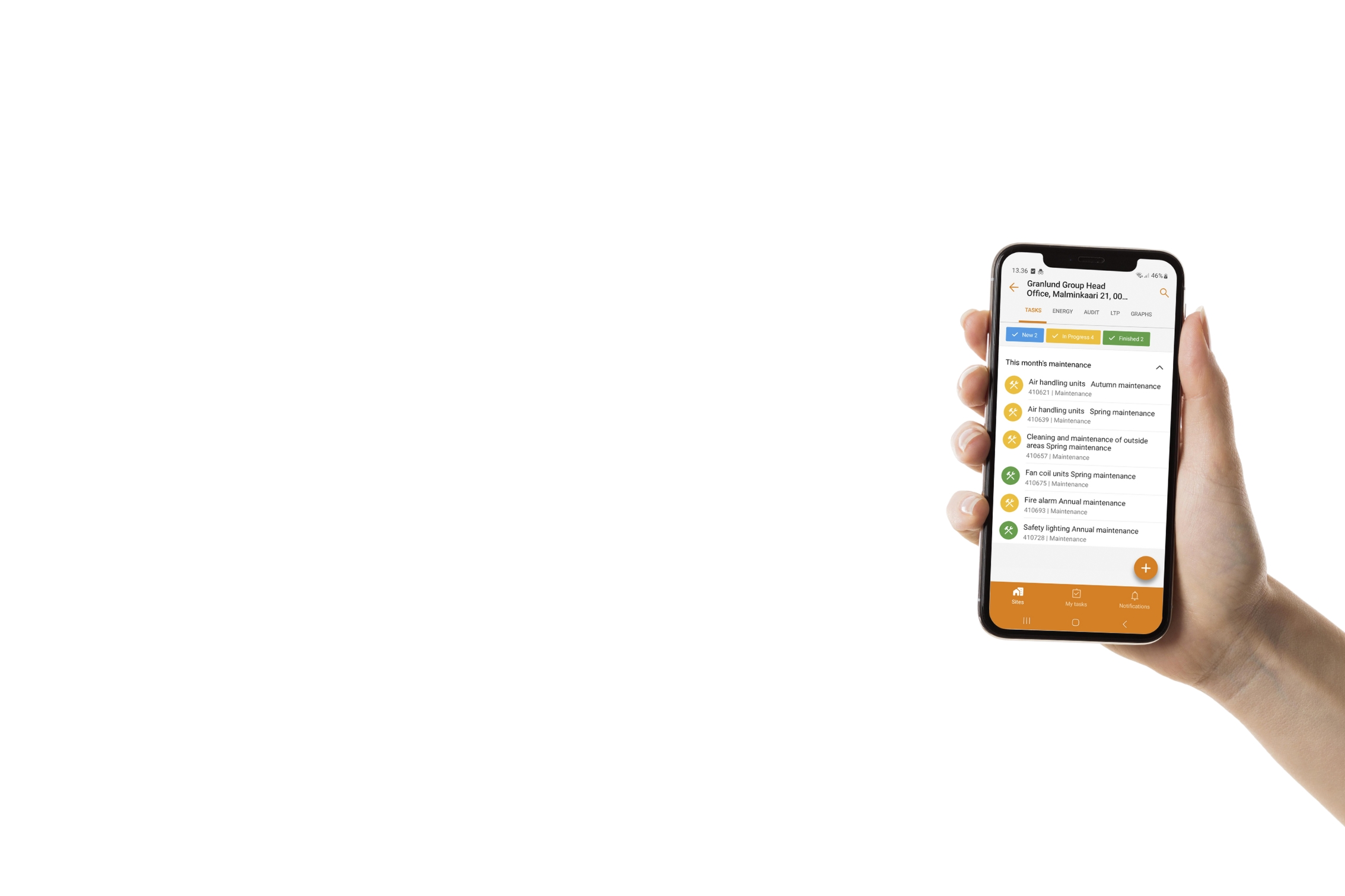 Granlund Manager mobile app details maintenance tasks for the day.