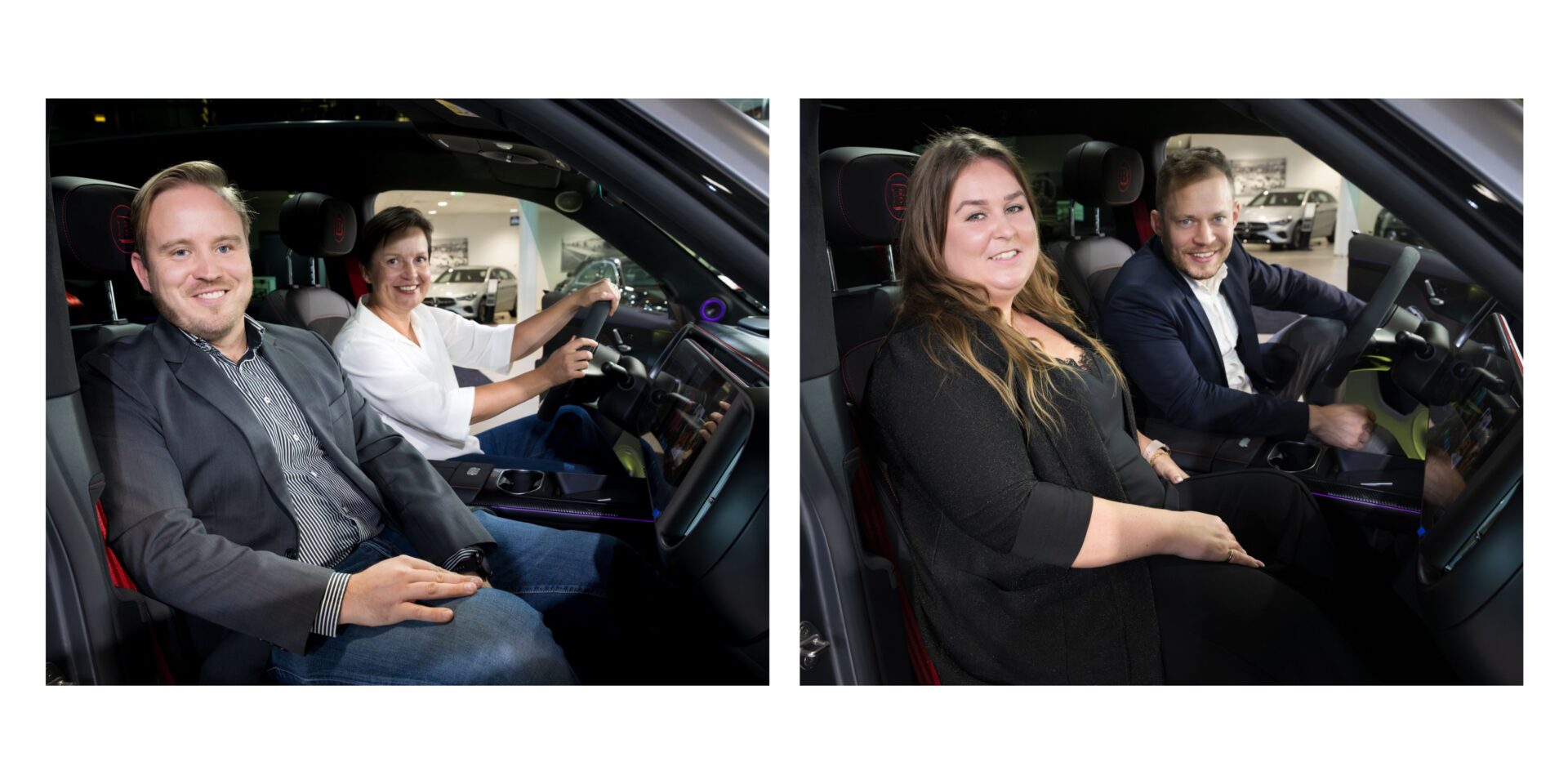 Sitting in cars the collaboration team from Veho and Granlund: On the left Granlund’s Account Manager Ville-Veikko Lallukka and Veho’s Head of Sustainability Lia Samuelsson and on the right, Granlund’s Account Manager Nina Hakomäki and Veho’s Head of Real Estate Management Niko Karjalainen.